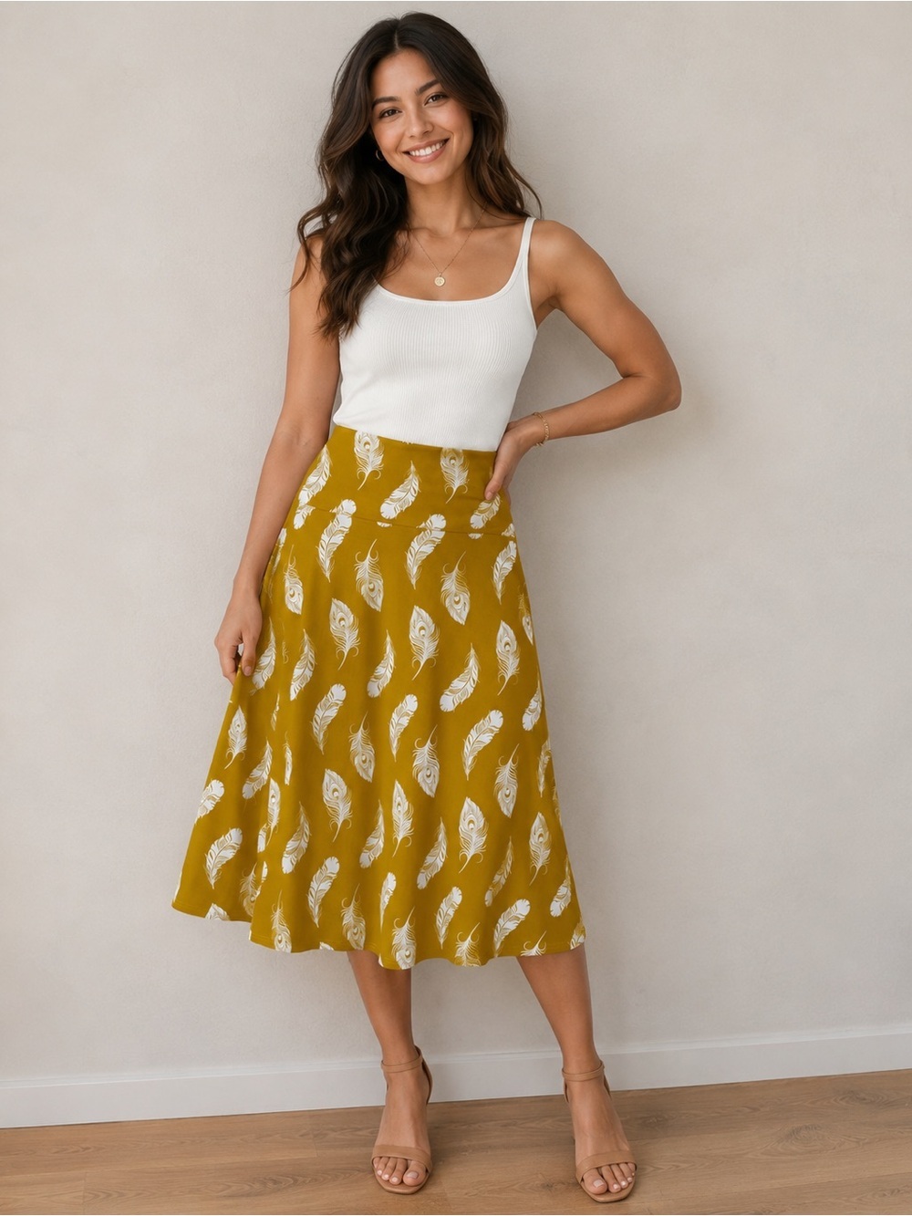 LuLaRoe Azure Skirt Medium – Mustard Yellow Feather Print A-Line Stretch Skirt
